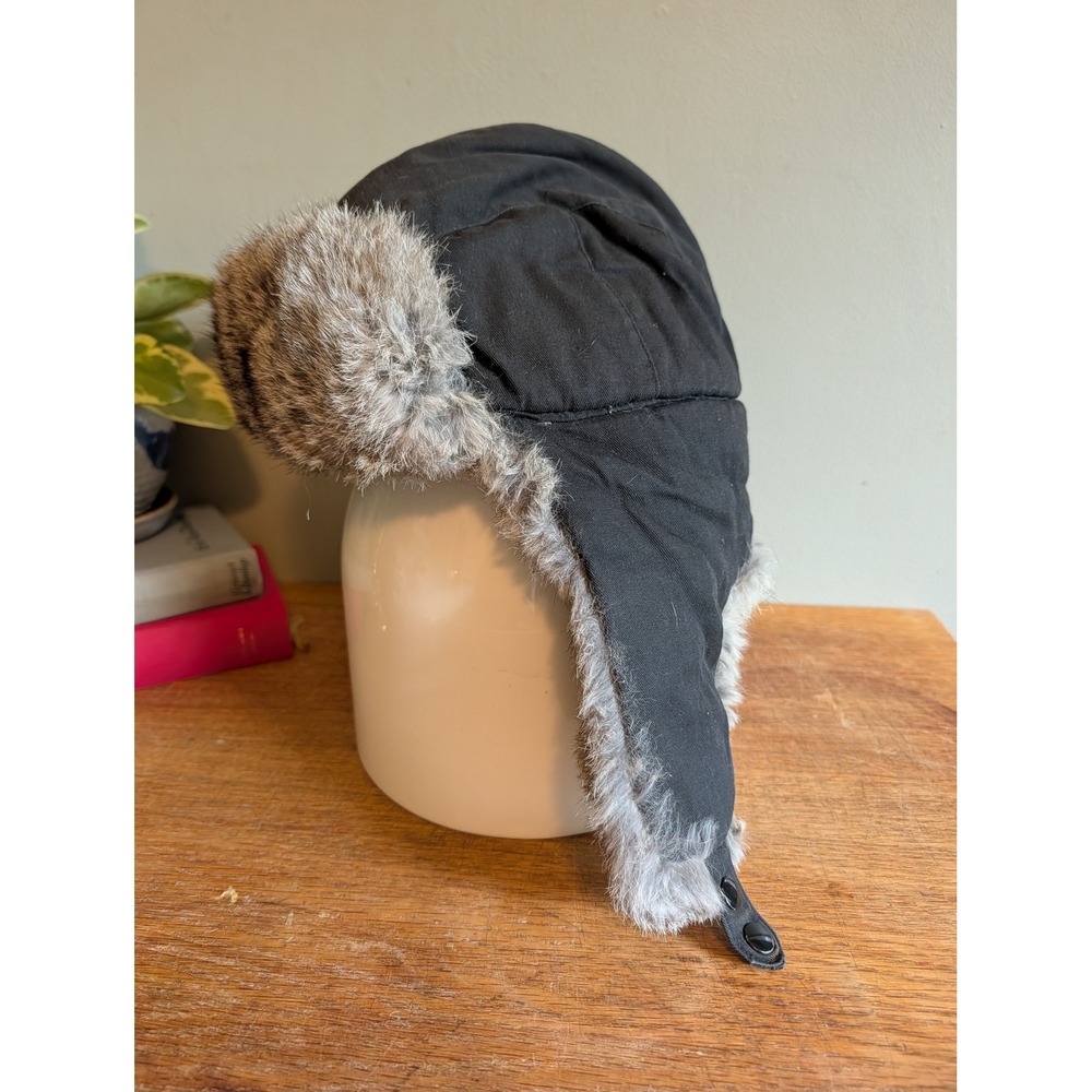 Mad Bomber Trapper Hat Black Canvas Genuine Rabbit Fur Trim Vintage 90s Large